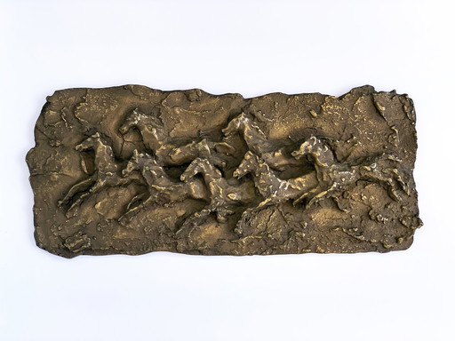 Brutalist bronze wall relief with horses