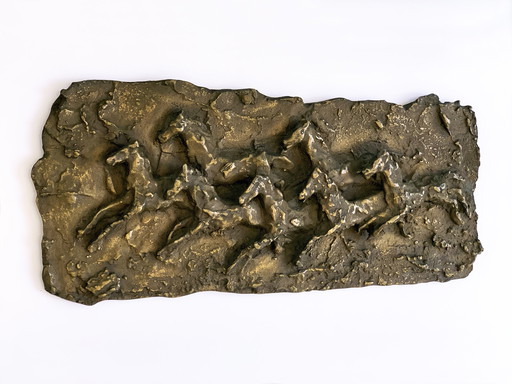 Brutalist bronze wall relief with horses