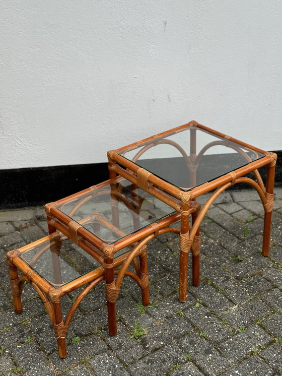 Image 1 of Nest Of Bamboo Stacking Glass Tables