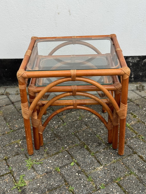 Nest Of Bamboo Stacking Glass Tables