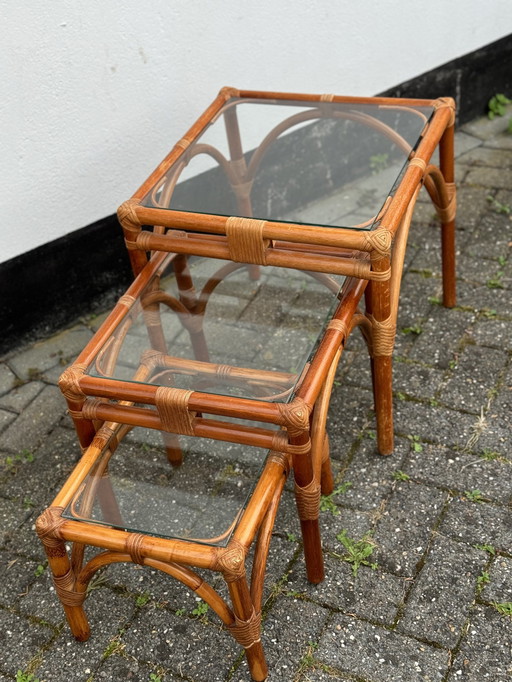 Nest Of Bamboo Stacking Glass Tables