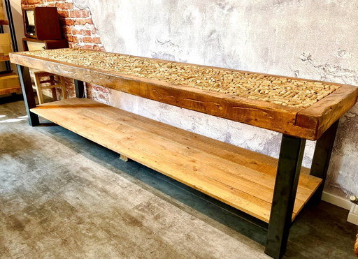 Solid wood table with steel legs, industrial look, LED underlighting, 2.90 m long