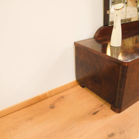 Image 1 of 1950s stained flamed birch mirror chest of drawers