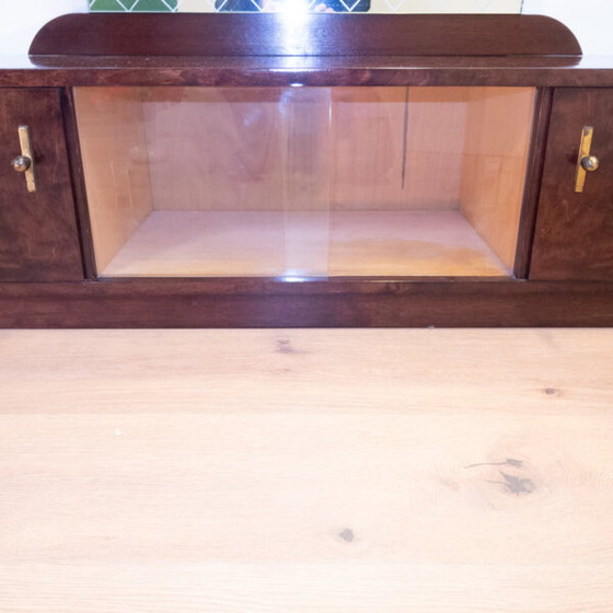 Image 1 of 1950s stained flamed birch mirror chest of drawers