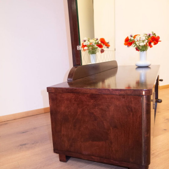 Image 1 of 1950s stained flamed birch mirror chest of drawers