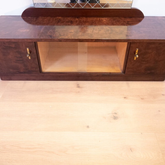 Image 1 of 1950s stained flamed birch mirror chest of drawers