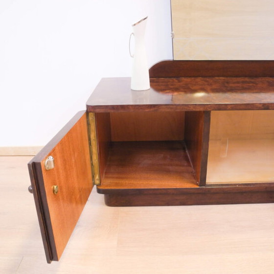 Image 1 of 1950s stained flamed birch mirror chest of drawers