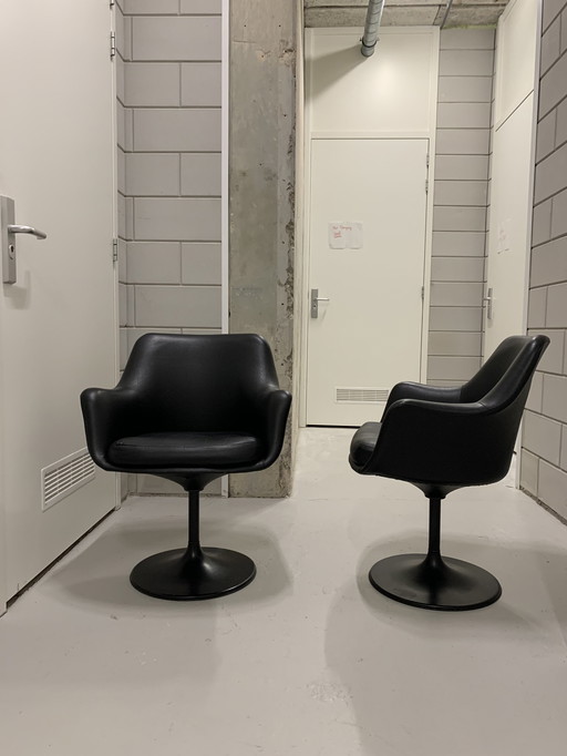 1970s Bucket Chairs Black Leather Fiberglass