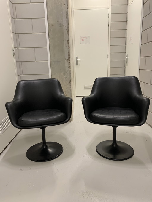 1970s Bucket Chairs Black Leather Fiberglass