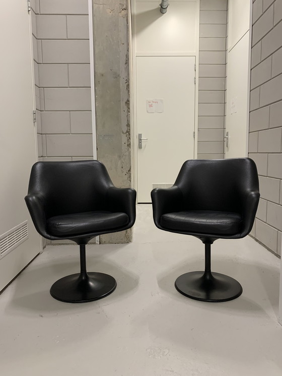 Image 1 of 1970s Bucket Chairs Black Leather Fiberglass