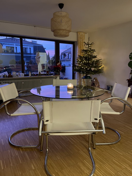 Vintage Bauhaus Chrom & Glass Dining Table With 4 X Tubular Chrome & Leather Chairs