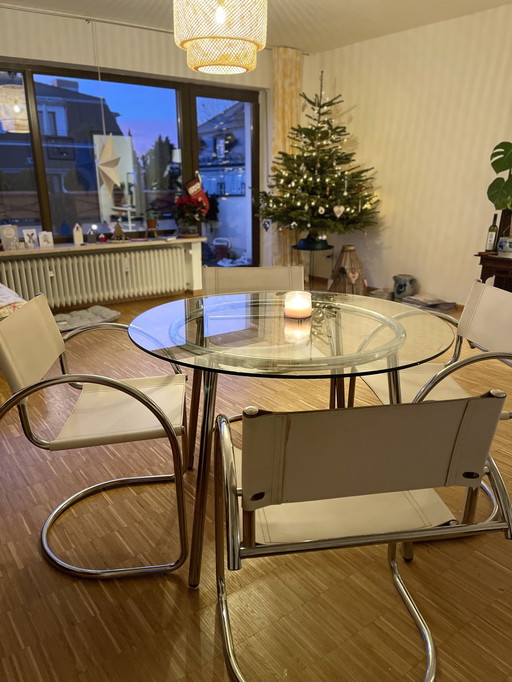 Vintage Bauhaus Chrom & Glass Dining Table With 4 X Tubular Chrome & Leather Chairs