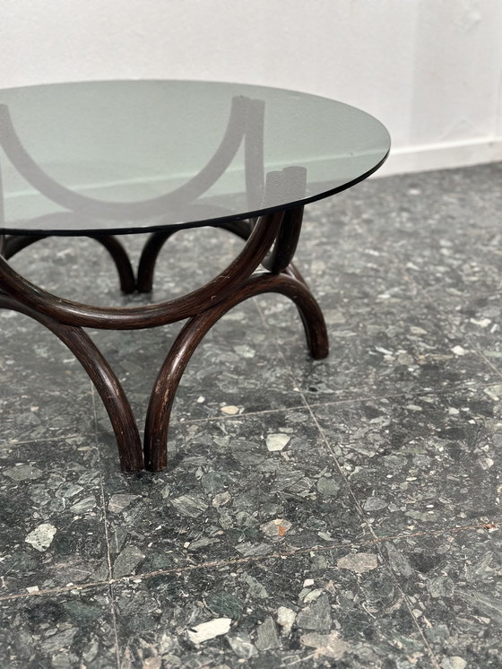 Image 1 of Vintage Rattan Smoked Glass Coffee Table Round