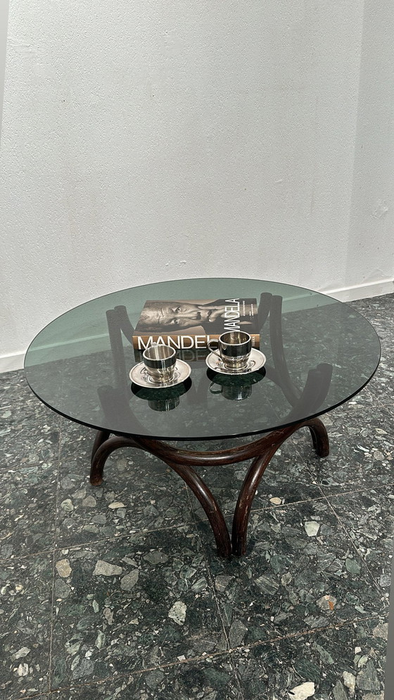 Image 1 of Vintage Rattan Smoked Glass Coffee Table Round