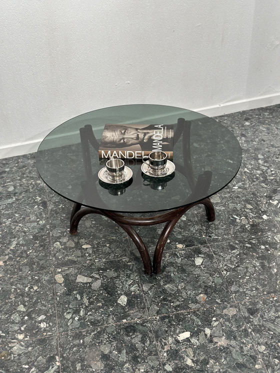 Image 1 of Vintage Rattan Smoked Glass Coffee Table Round
