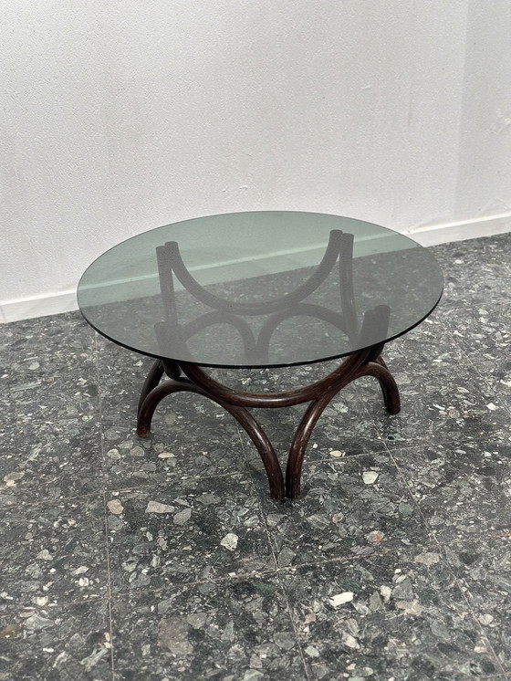 Image 1 of Vintage Rattan Smoked Glass Coffee Table Round