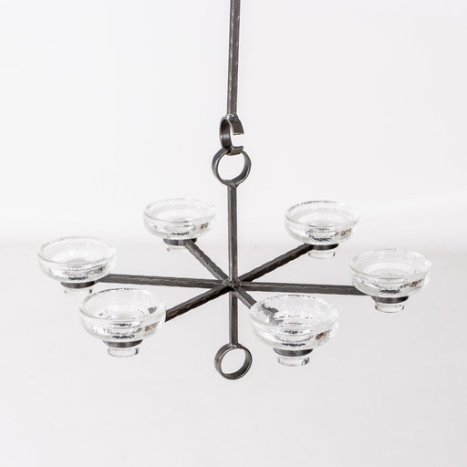 Hanging lamp in wrought iron and glass for 6 candles Sweden