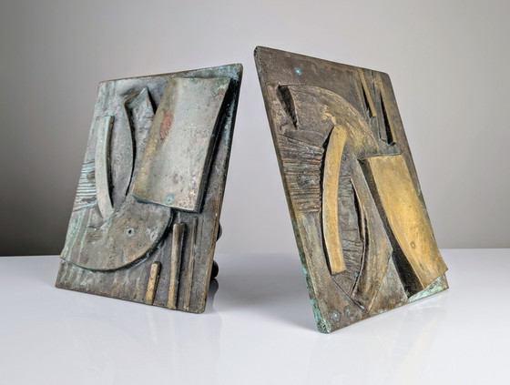 Image 1 of Large Sculptural Double Door Pull Mid-Century In Bronze