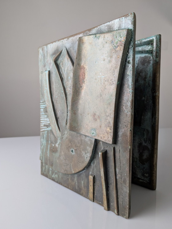 Image 1 of Large Sculptural Double Door Pull Mid-Century In Bronze