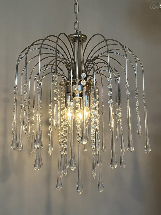 Image 1 of Xl Chrome Teardrop Chandelier Pendant Lamp Chrome Transparent Pearls!