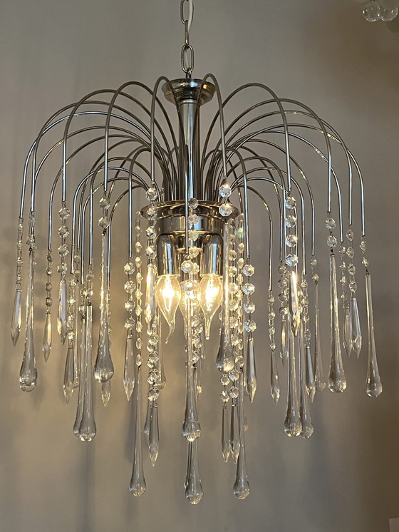 Image 1 of Xl Chrome Teardrop Chandelier Pendant Lamp Chrome Transparent Pearls!