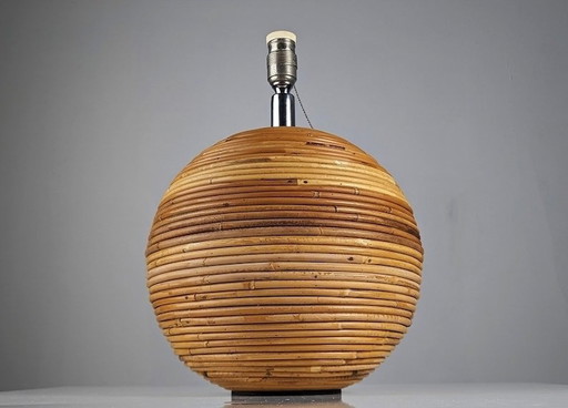 Gabriella Crespi Style Sphere Rattan Table Lamp, 1970S