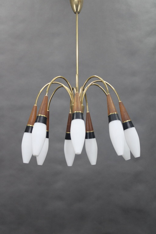 1960S Rupert Nikoll Brass And Teak Opaline Glass Chandelier, Austria