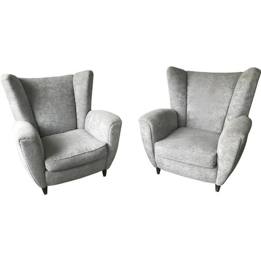 Pair of vintage Italian armchairs in pearl grey velvet