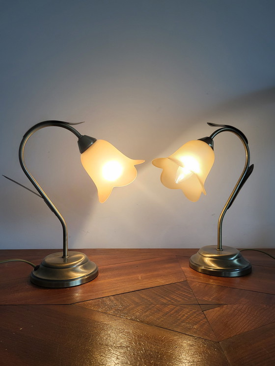 Image 1 of Set of Table Lamps, Brass In Flower Shape With Glass Pastel Pink Lamp Shades