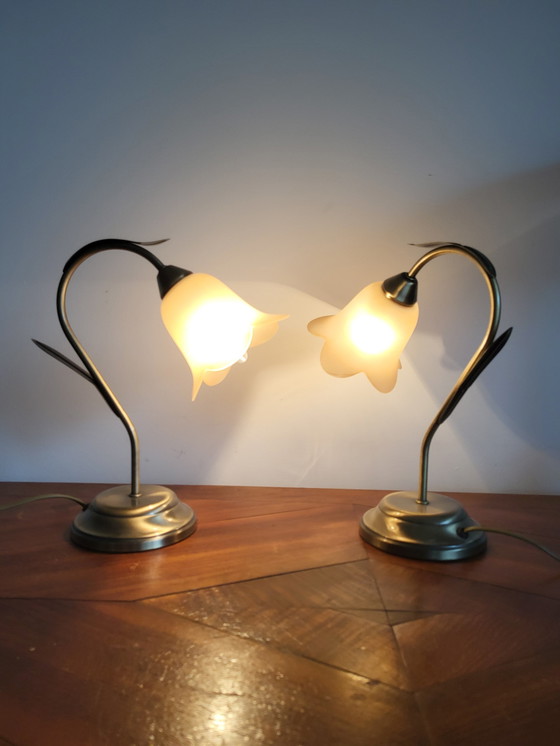 Image 1 of Set of Table Lamps, Brass In Flower Shape With Glass Pastel Pink Lamp Shades