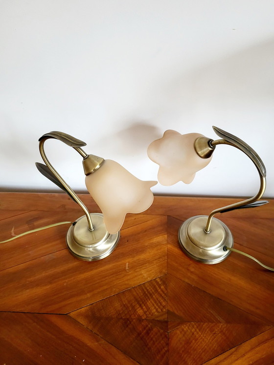 Image 1 of Set of Table Lamps, Brass In Flower Shape With Glass Pastel Pink Lamp Shades