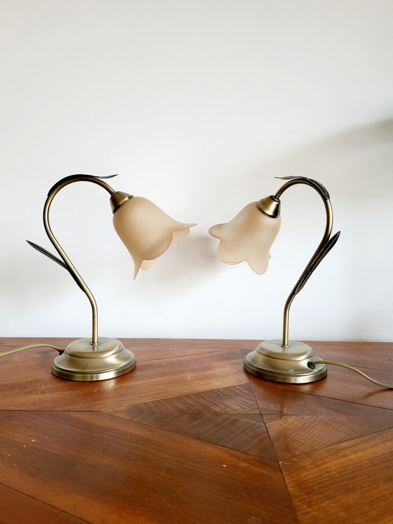 Image 1 of Set of Table Lamps, Brass In Flower Shape With Glass Pastel Pink Lamp Shades