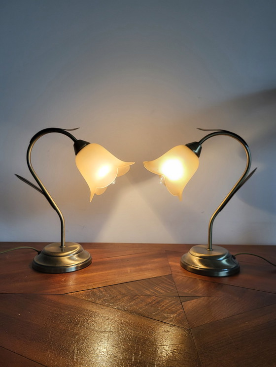 Image 1 of Set of Table Lamps, Brass In Flower Shape With Glass Pastel Pink Lamp Shades