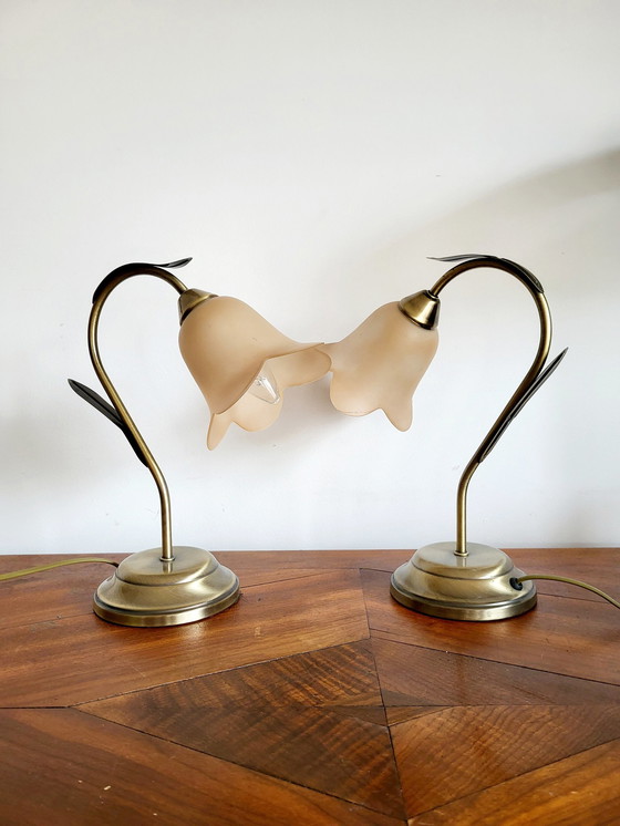 Image 1 of Set of Table Lamps, Brass In Flower Shape With Glass Pastel Pink Lamp Shades