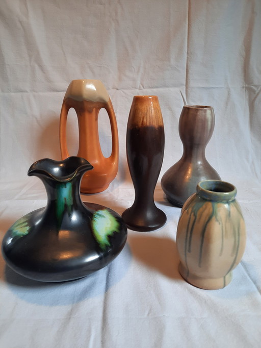 5x faience potter vases, some Belgian Thulin.