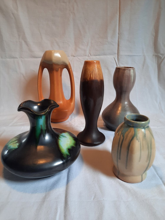 Image 1 of 5x vases en faïence, certains Thulin belges.