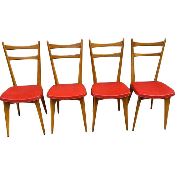 Image 1 of Set of 4 vintage beech and red leatherette chairs, 1960