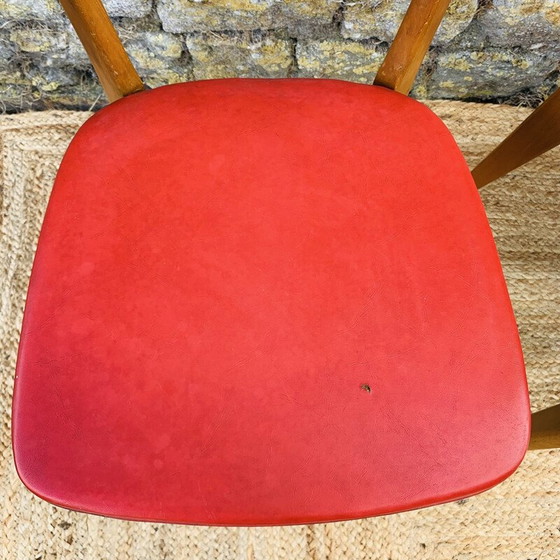 Image 1 of Set of 4 vintage beech and red leatherette chairs, 1960