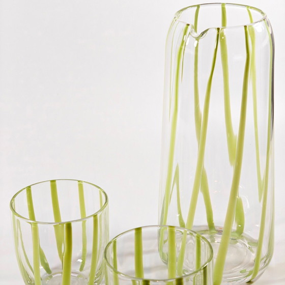 Image 1 of Stripes Carafe + Set Of 2 Glasses - Green - Fést Amsterdam