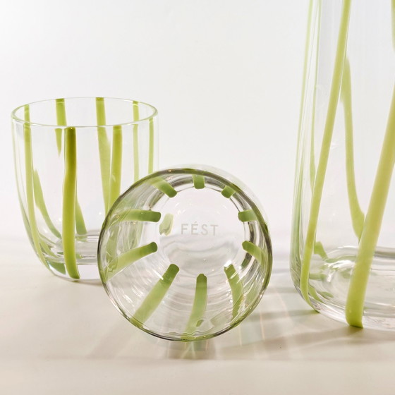 Image 1 of Stripes Carafe + Set Of 2 Glasses - Green - Fést Amsterdam