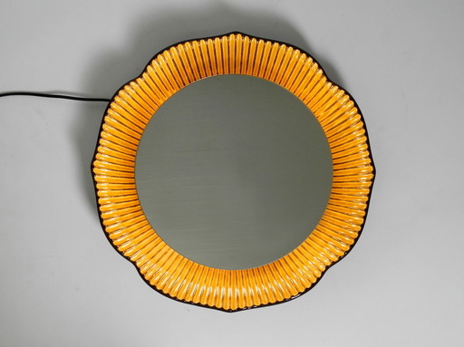 Large illuminated 70s ceramic wall mirror