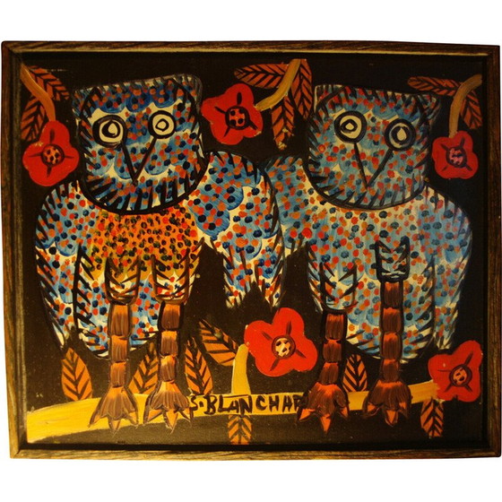 Image 1 of Vintage painting representing 2 owls by Sisson Blanchard