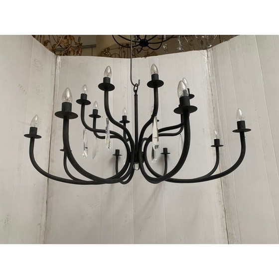 Image 1 of Chandelier In Matte Black Metal, 20 Lights, Wrought Iron Florentine Art Made In Italy