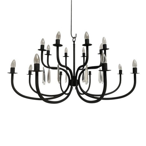 Chandelier In Matte Black Metal, 20 Lights, Wrought Iron Florentine Art Made In Italy