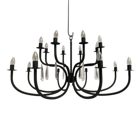 Image 1 of Chandelier In Matte Black Metal, 20 Lights, Wrought Iron Florentine Art Made In Italy