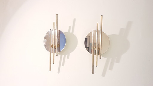 Midcentury Modernist Mirror Glass and Gold Wall Lights by Massive