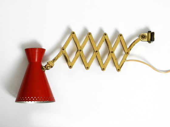 Image 1 of Original Mid Century Brass Extendable Scissor Wall Lamp With Aluminum Diabolo Shade In Red And Brass