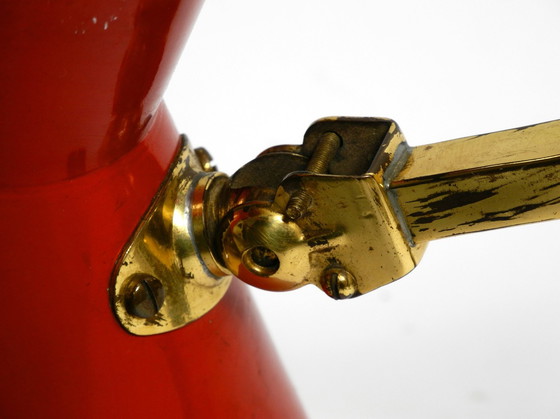 Image 1 of Original Mid Century Brass Extendable Scissor Wall Lamp With Aluminum Diabolo Shade In Red And Brass