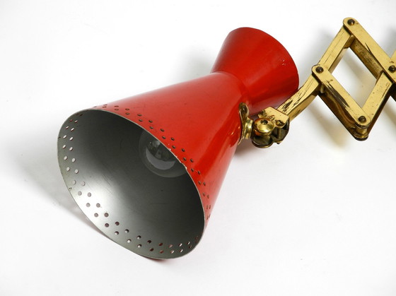 Image 1 of Original Mid Century Brass Extendable Scissor Wall Lamp With Aluminum Diabolo Shade In Red And Brass