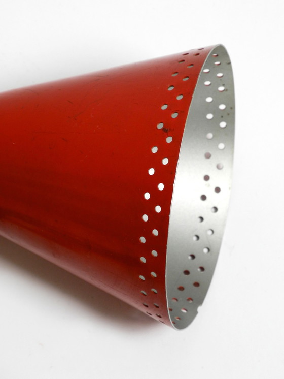Image 1 of Original Mid Century Brass Extendable Scissor Wall Lamp With Aluminum Diabolo Shade In Red And Brass